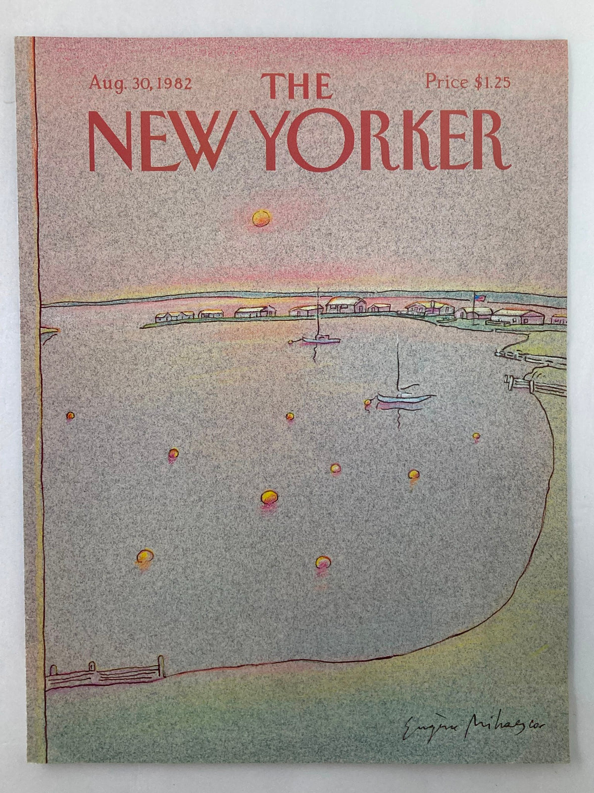 Cover of The New Yorker, August 30, 1982, titled 'Sail Away' by Eugene Mihaesco, showcasing a tranquil water scene with colorful buoys and homes by the shore.