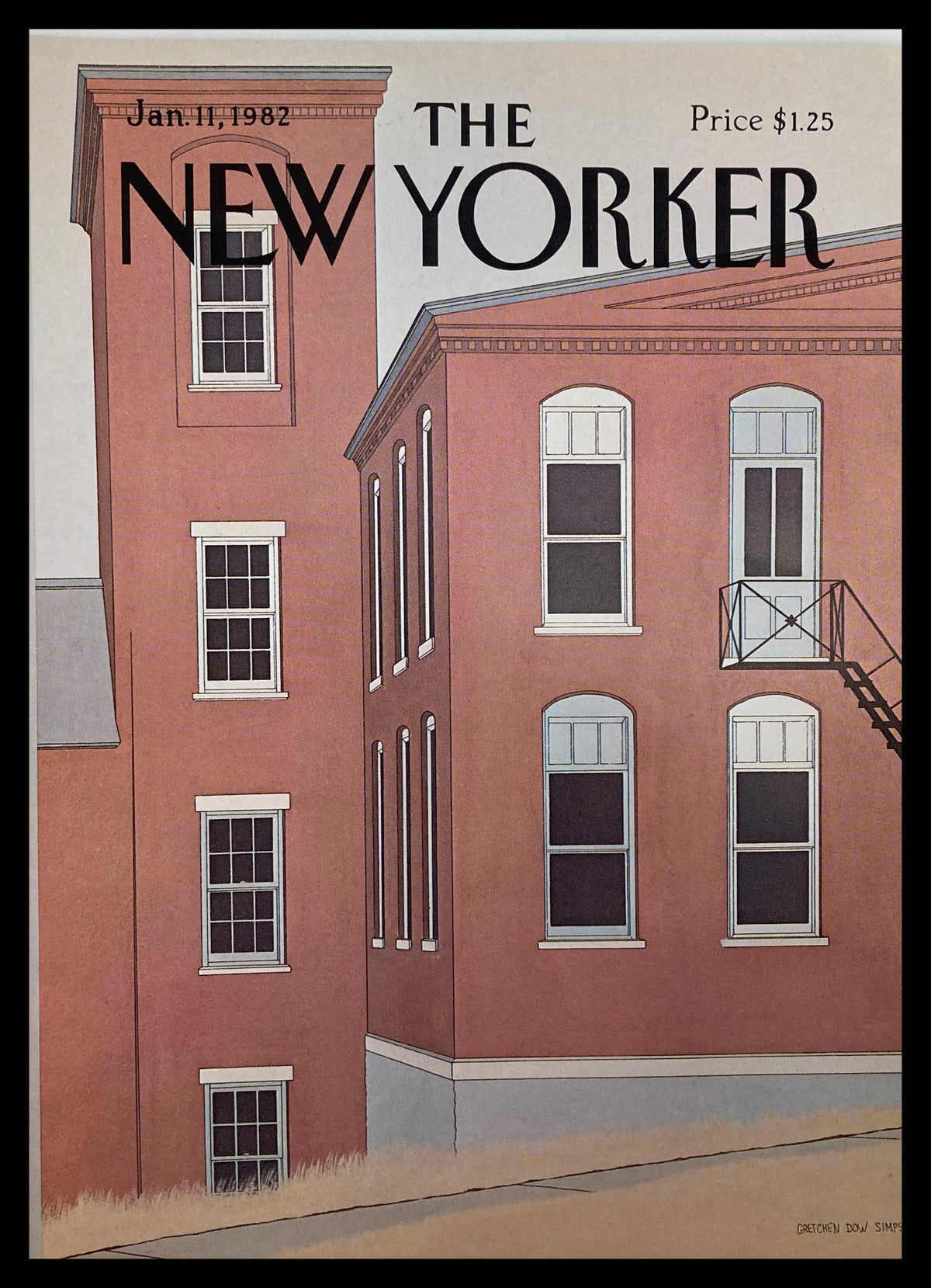 The New Yorker cover January 11 1982 featuring buildings illustrated by Gretchen Simpson, showcasing urban architecture in soft pastel colors.
