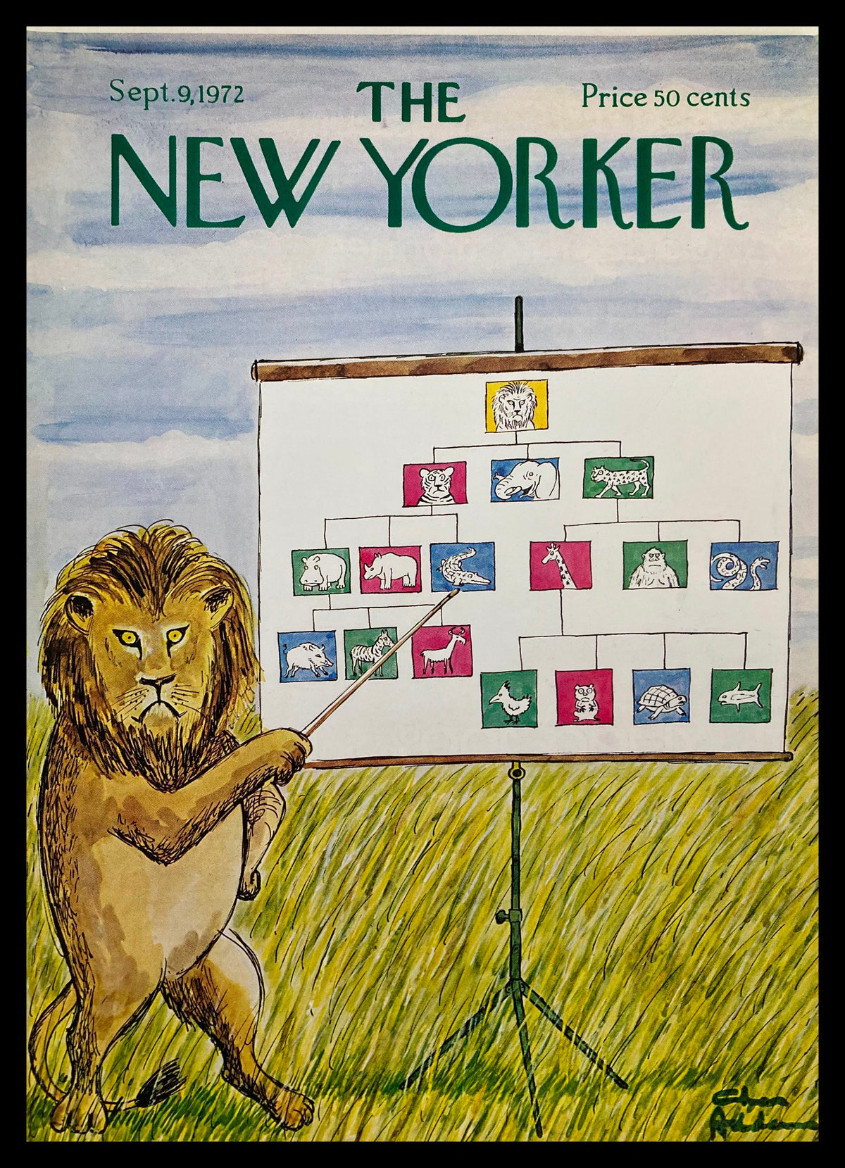 Cover of The New Yorker, September 9, 1972, titled 'COVER ONLY The New Yorker September 9 1972 Animal Kingdom by C. Addams', featuring a lion presenting a chart depicting various animals.
