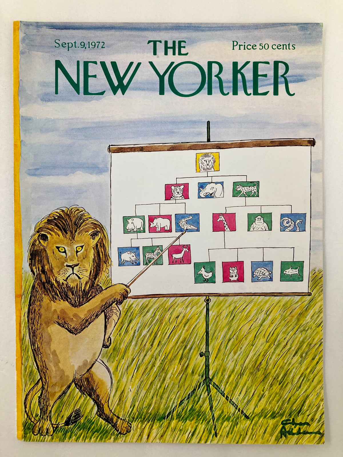 Cover of The New Yorker, September 9, 1972, titled 'COVER ONLY The New Yorker September 9 1972 Animal Kingdom by C. Addams', showcasing a lion using a pointer to illustrate an animal classification chart.