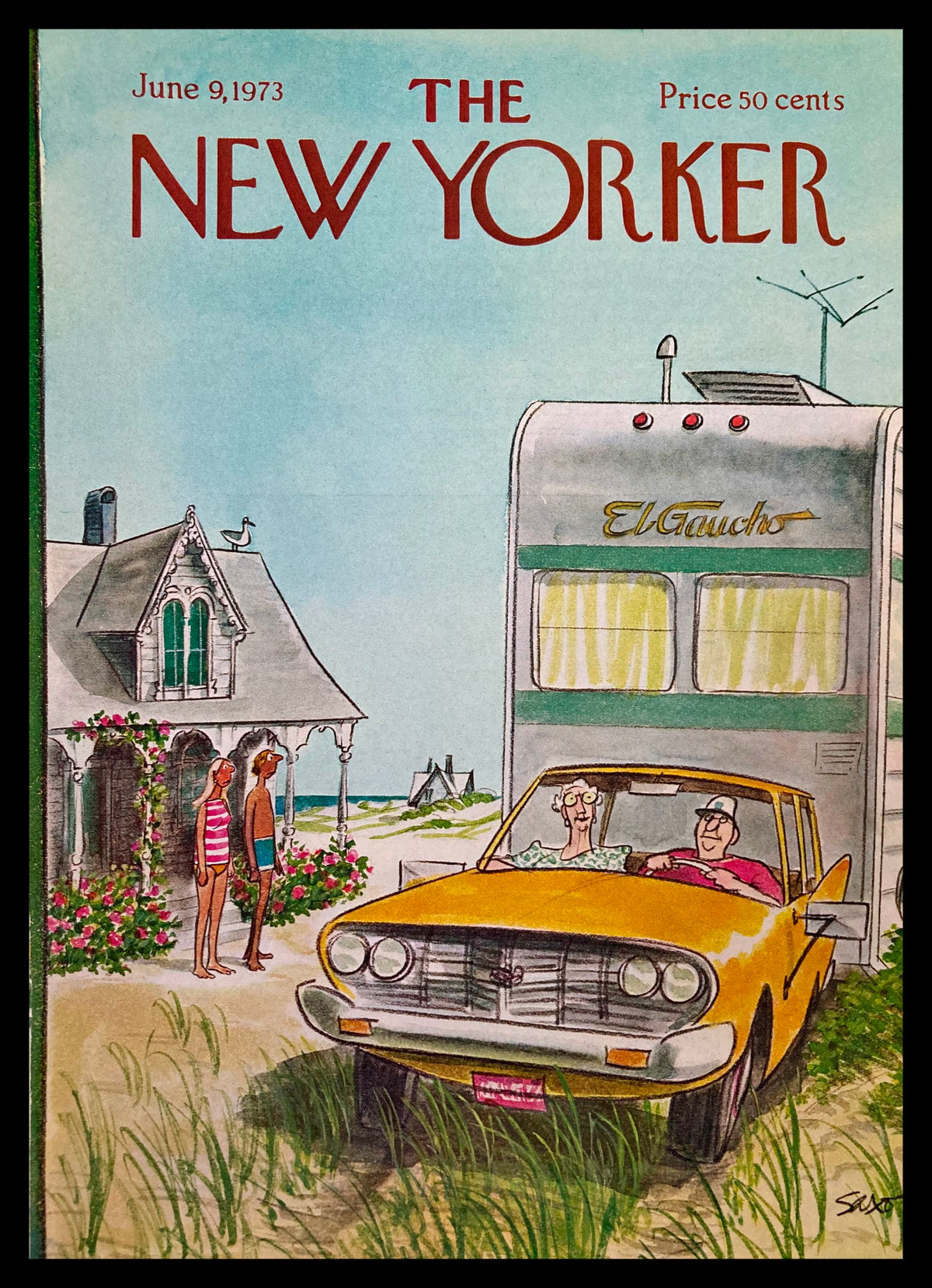 Vintage magazine cover from The New Yorker, June 9, 1973, titled 'El Gaucho' by Charles Saxon. The illustration features a charming scene with two characters near a house and a yellow car, showcasing mid-70s artistic style.