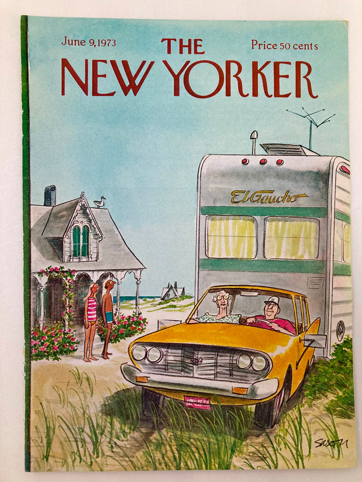 Cover of The New Yorker, June 9, 1973, depicting 'El Gaucho' by Charles Saxon. The artwork features a whimsical beach scene with two figures conversing near a camper and a classic yellow car, encapsulating the essence of vintage magazine art.