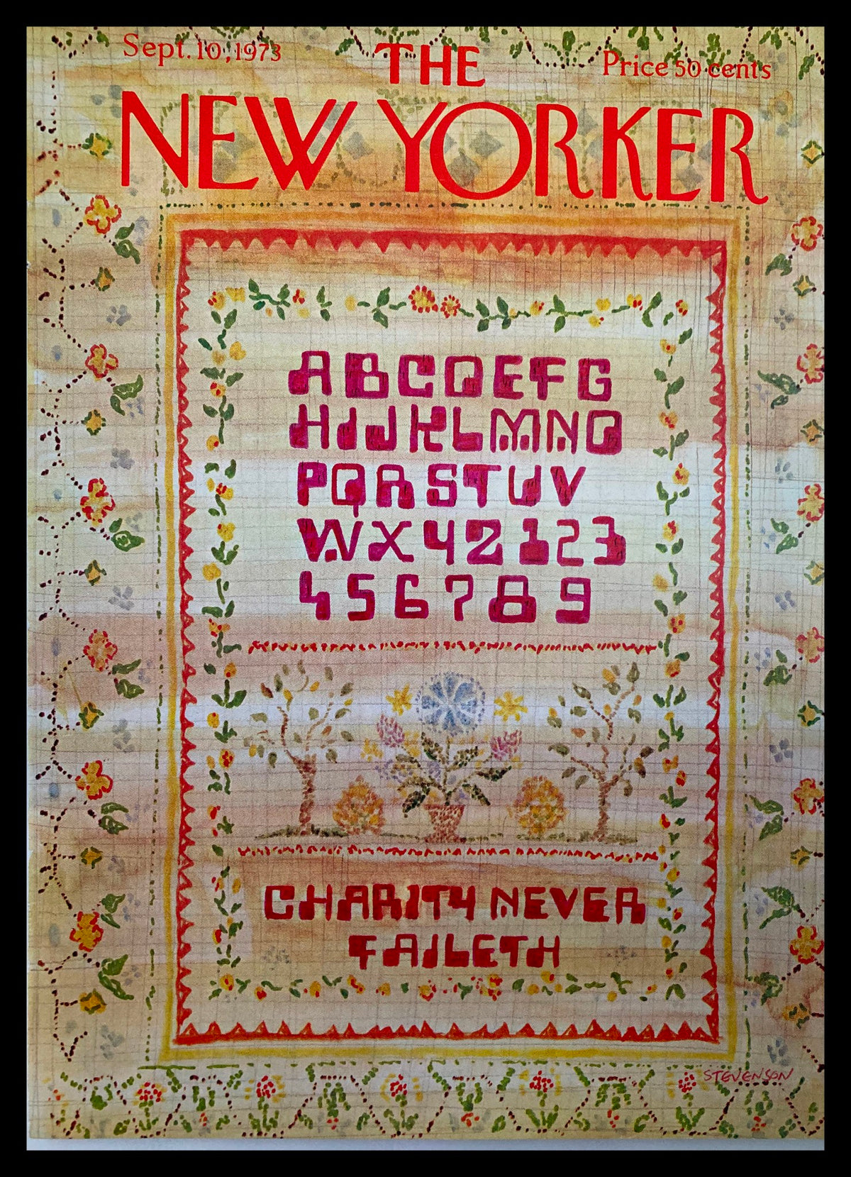 Cover of The New Yorker dated September 10, 1973, featuring a cross-stitch design created by J. Stevenson, showcasing floral patterns and alphabet letters, perfect for collectors of vintage magazine art.
