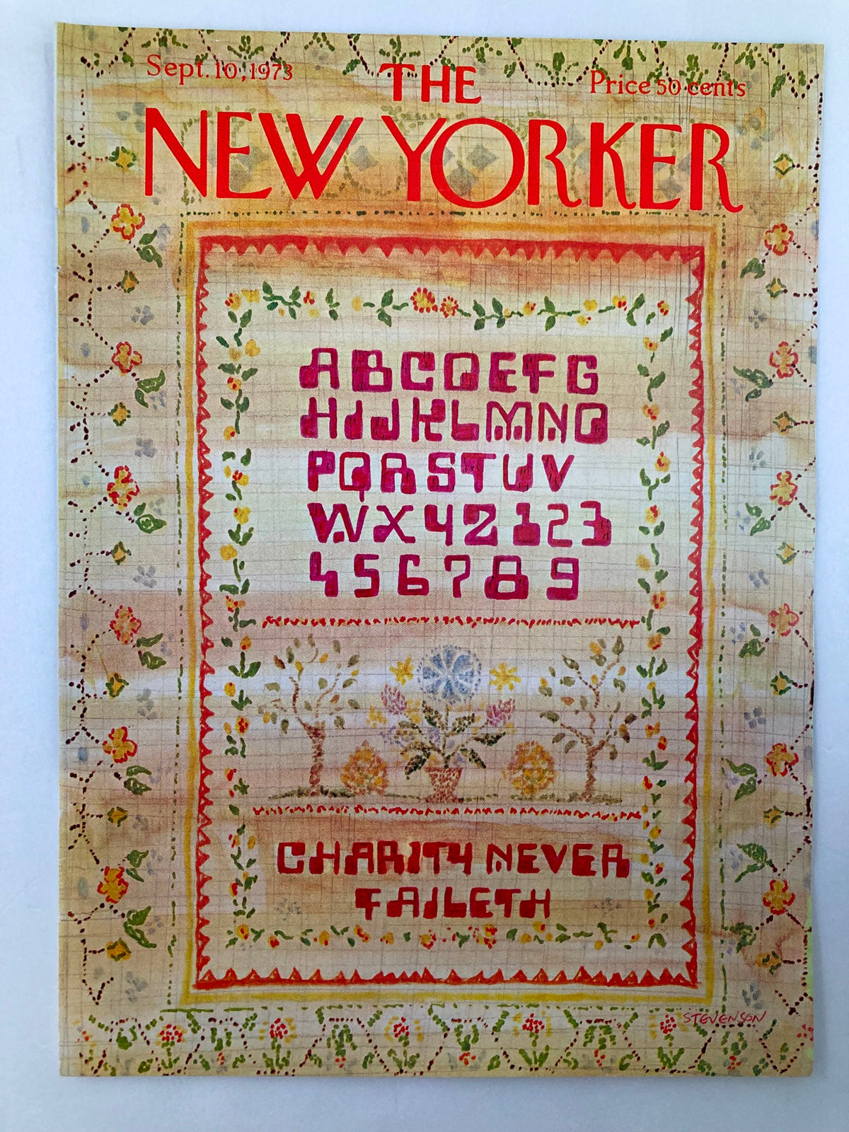 The New Yorker magazine cover from September 10, 1973, displaying a unique cross-stitch artwork by J. Stevenson, highlighting a colorful layout with floral motifs and an inscription, ideal for art and magazine enthusiasts.