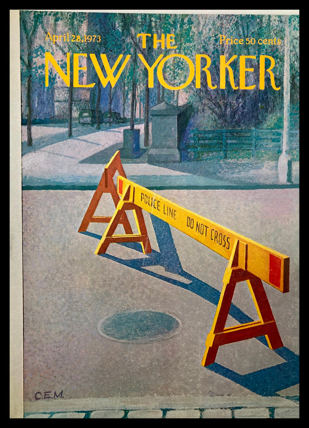 Cover of The New Yorker dated April 28, 1973 featuring the artwork titled 'Police Line' by Charles Martin, depicting a police barricade scene.