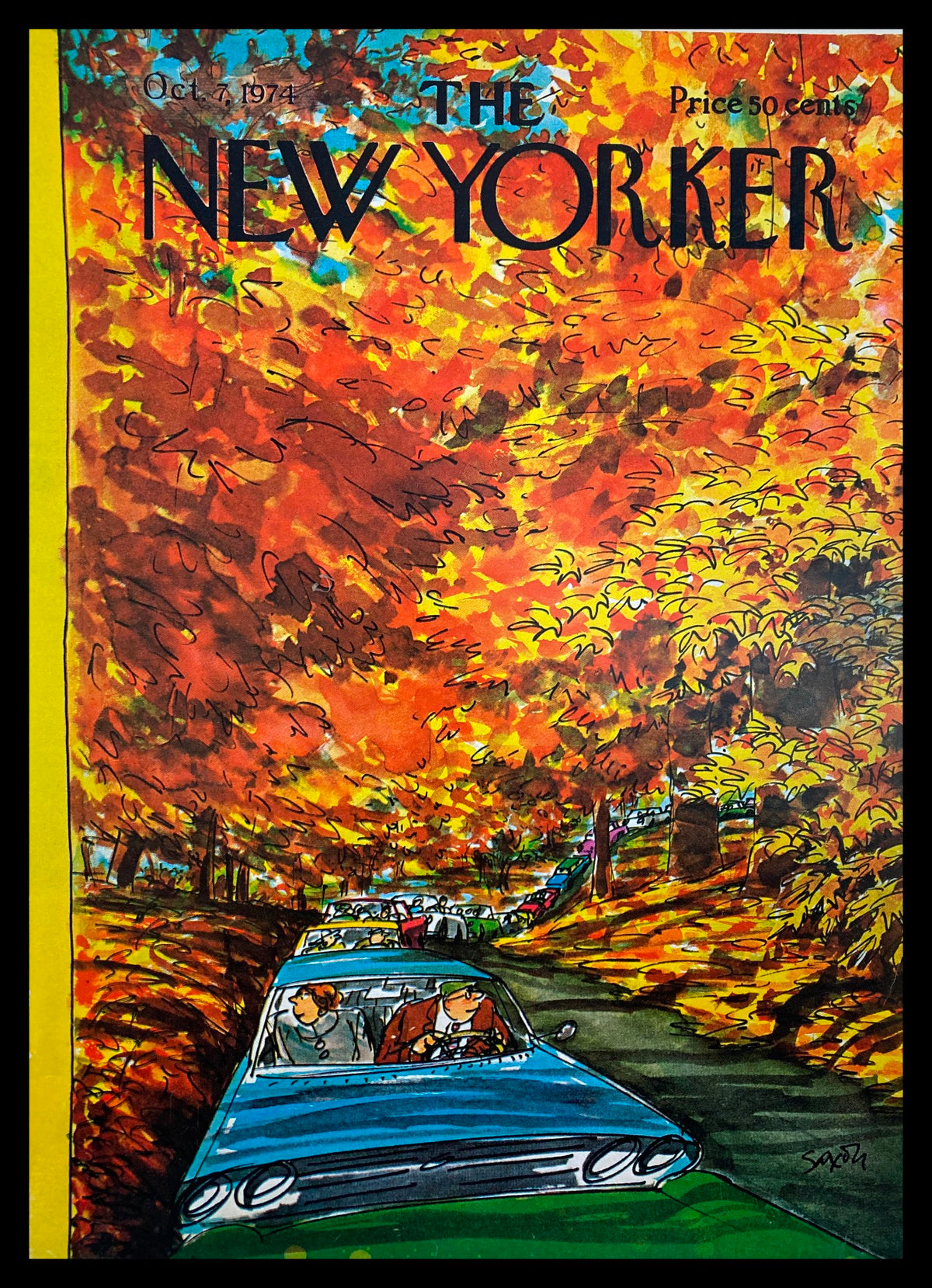 The New Yorker October 7, 1974 cover titled 'Convoy' by Charles Saxon, featuring a vibrant autumn scene with cars on a colorful tree-lined road.