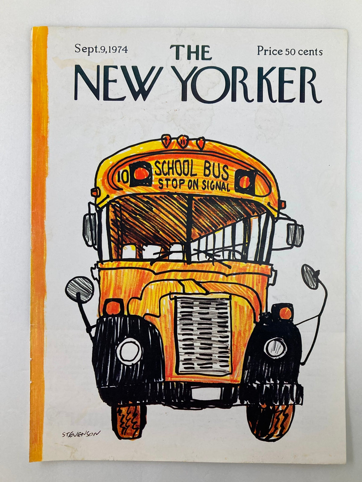 COVER ONLY The New Yorker September 9 1974 School Bus by J. Stevenson showcasing a colorful illustration of a vintage school bus with the title and price clearly visible.