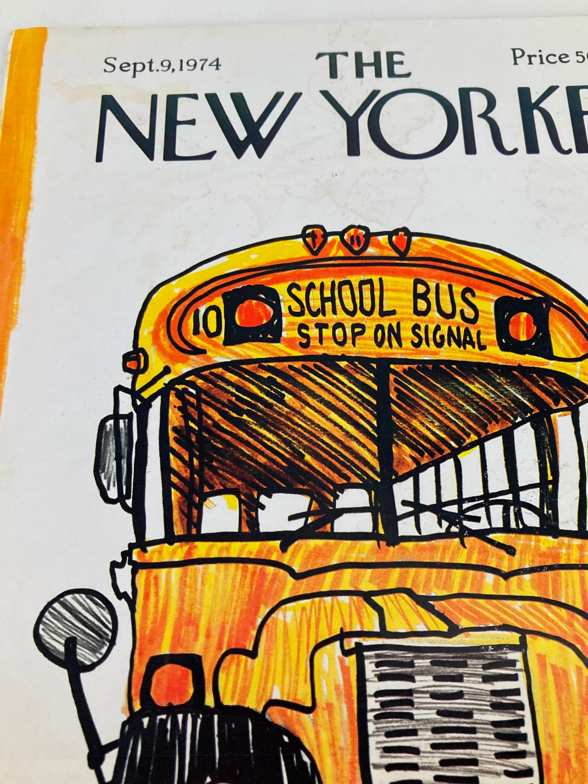 Close-up view of the COVER ONLY The New Yorker September 9 1974 School Bus by J. Stevenson featuring detailed artwork of a school bus with a prominent 'STOP ON SIGNAL' sign.