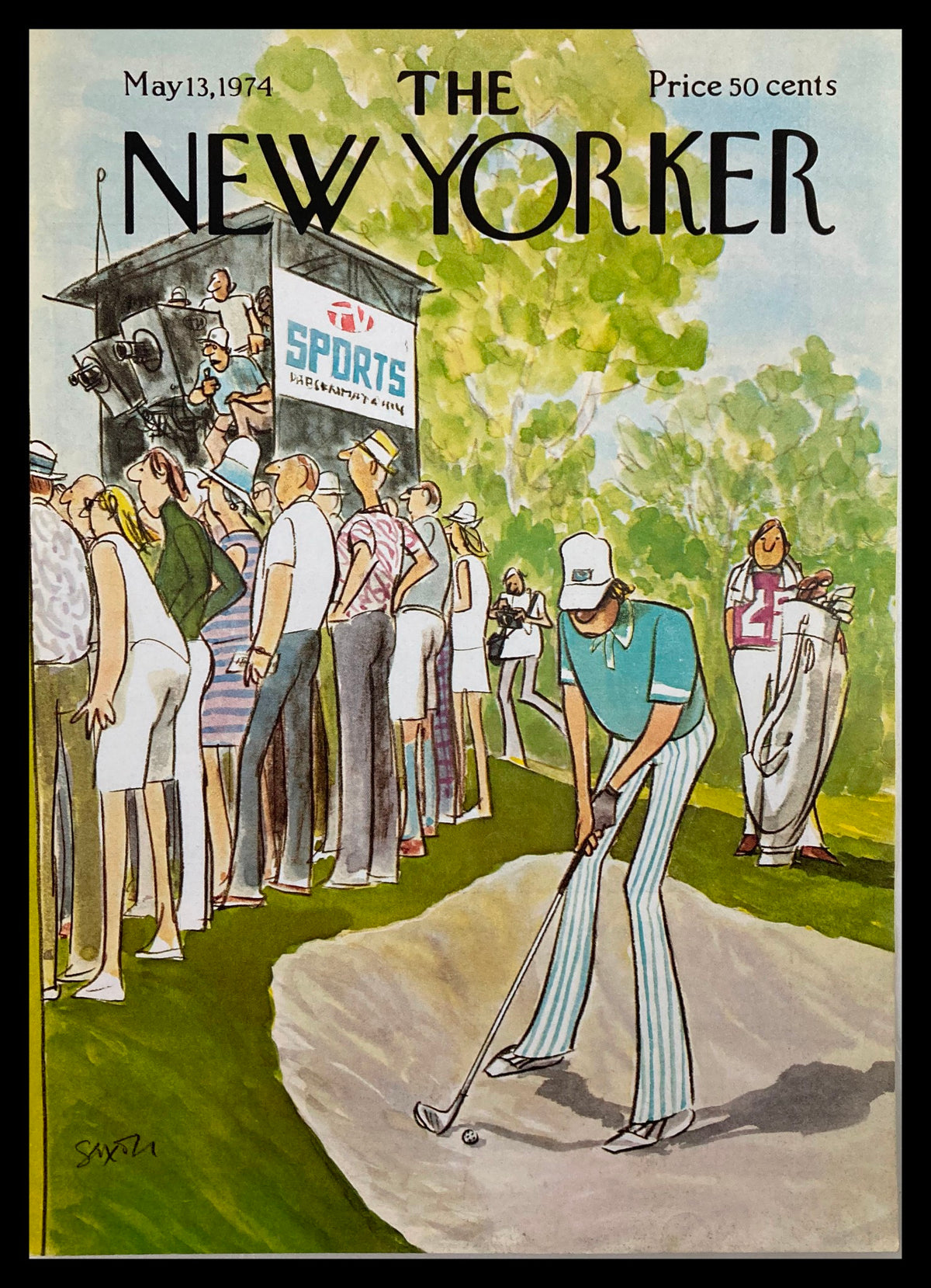 Vintage cover of The New Yorker dated May 13 1974 showcasing artwork by Charles Saxon, featuring a golfer preparing to hit a sand shot, with a crowd observing and a sports announcer booth in the background.