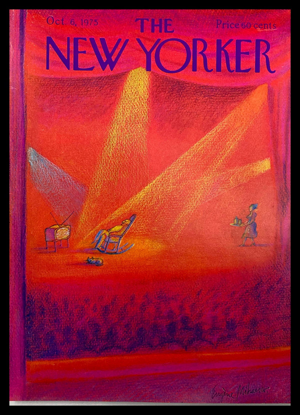 The New Yorker Cover October 6 1975, featuring a vibrant illustration by Eugene Mihaesco, depicting a dramatic staged scene with spotlights illuminating a rocking chair and a figure serving, capturing the artistic essence of 1970s culture.