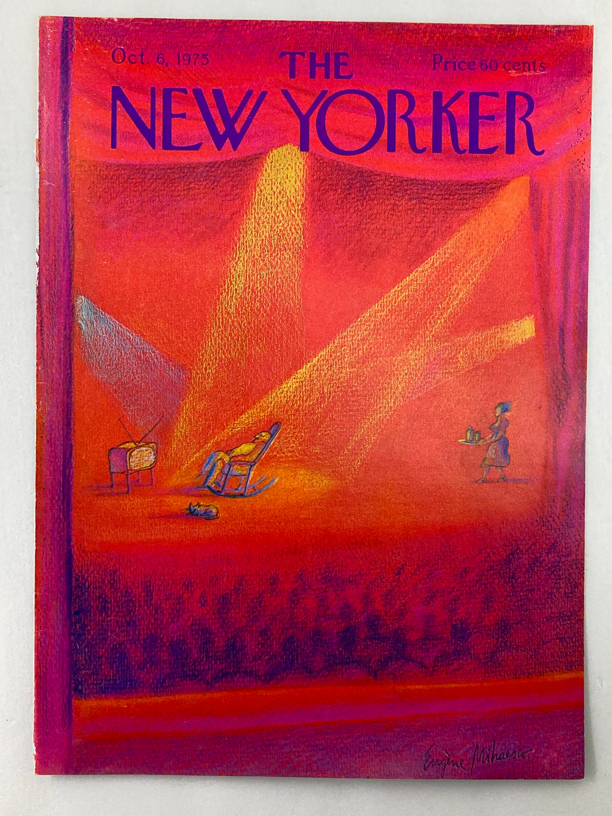 COVER ONLY The New Yorker October 6 1975, featuring a vibrant illustration by Eugene Mihaesco showcasing a stage play theme. The cover design highlights colorful lighting and artistic elements that reflect 1970s culture.