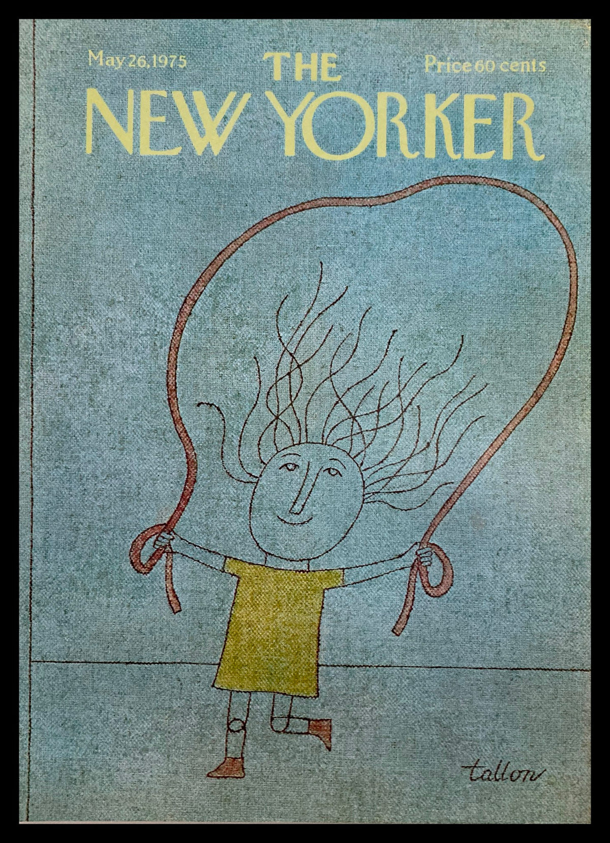 Cover only edition of The New Yorker May 26 1975 featuring the artwork 'Skip Rope' by Robert Tallon, showcasing a whimsical illustration of a cheerful child with wild hair holding a jump rope.