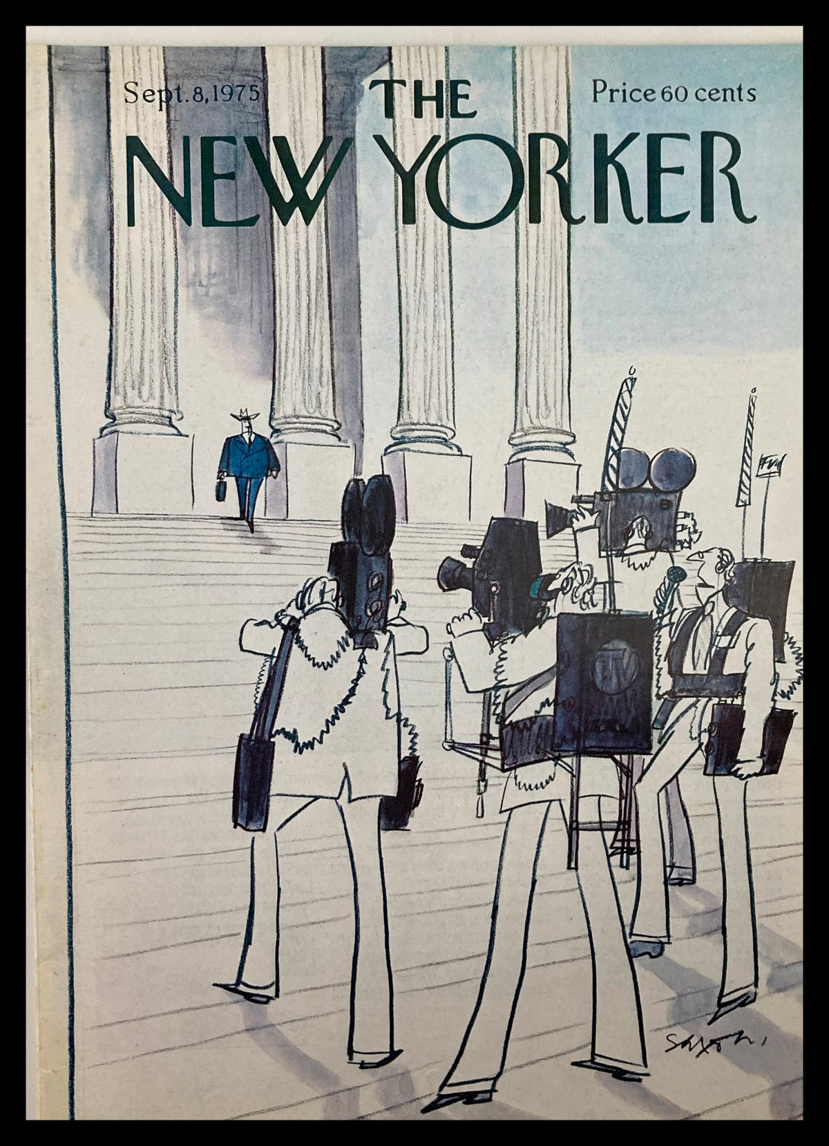 The New Yorker magazine cover from September 8, 1975, titled 'Paparazzis' by Charles Saxon, featuring a scene of photographers with cameras capturing a figure walking towards columns.
