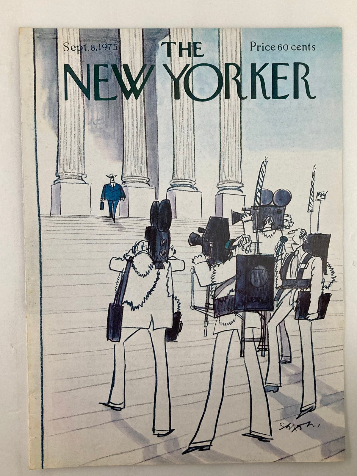 The New Yorker magazine cover dated September 8, 1975, titled 'Paparazzis' by Charles Saxon, depicting several paparazzi with cameras on a staircase leading to columns.