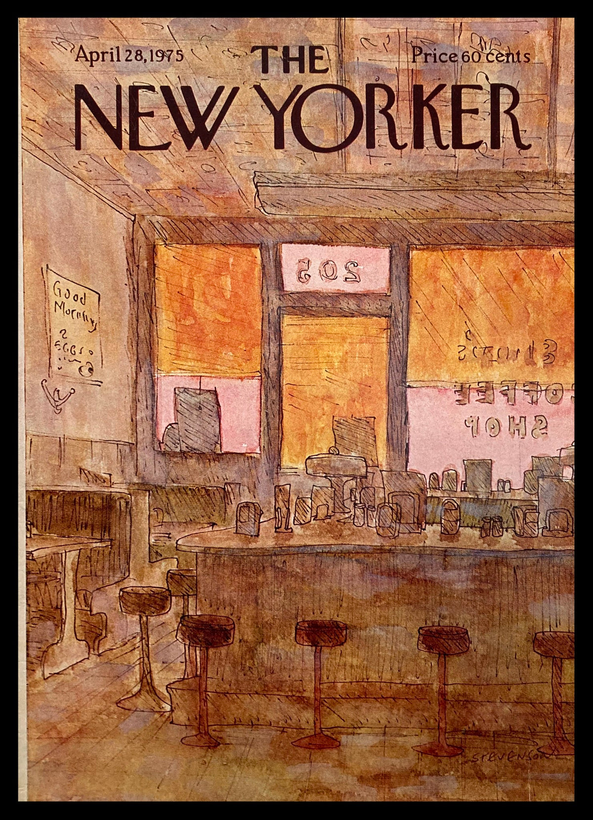 Cover of The New Yorker, April 28, 1975, featuring a cozy coffee shop illustration by James Stevenson, showcasing vintage art style.