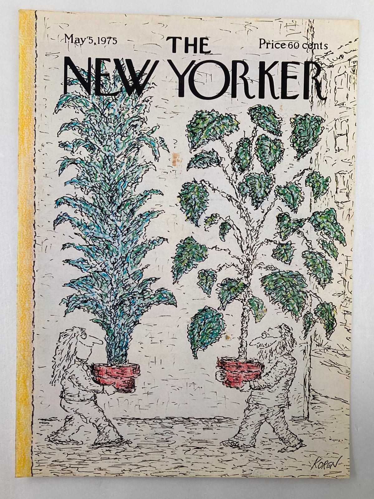 The New Yorker Cover May 5 1975 titled 'Plant Galore' by Edward Koren, showcasing a colorful depiction of two figures carrying vibrant potted plants.