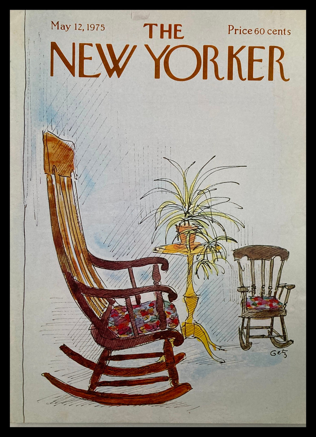 Cover of The New Yorker dated May 12, 1975, featuring an artistic illustration of an antique rocking chair and a small child’s chair, by Arthur Getz, showcasing the charm of mid-20th-century design.