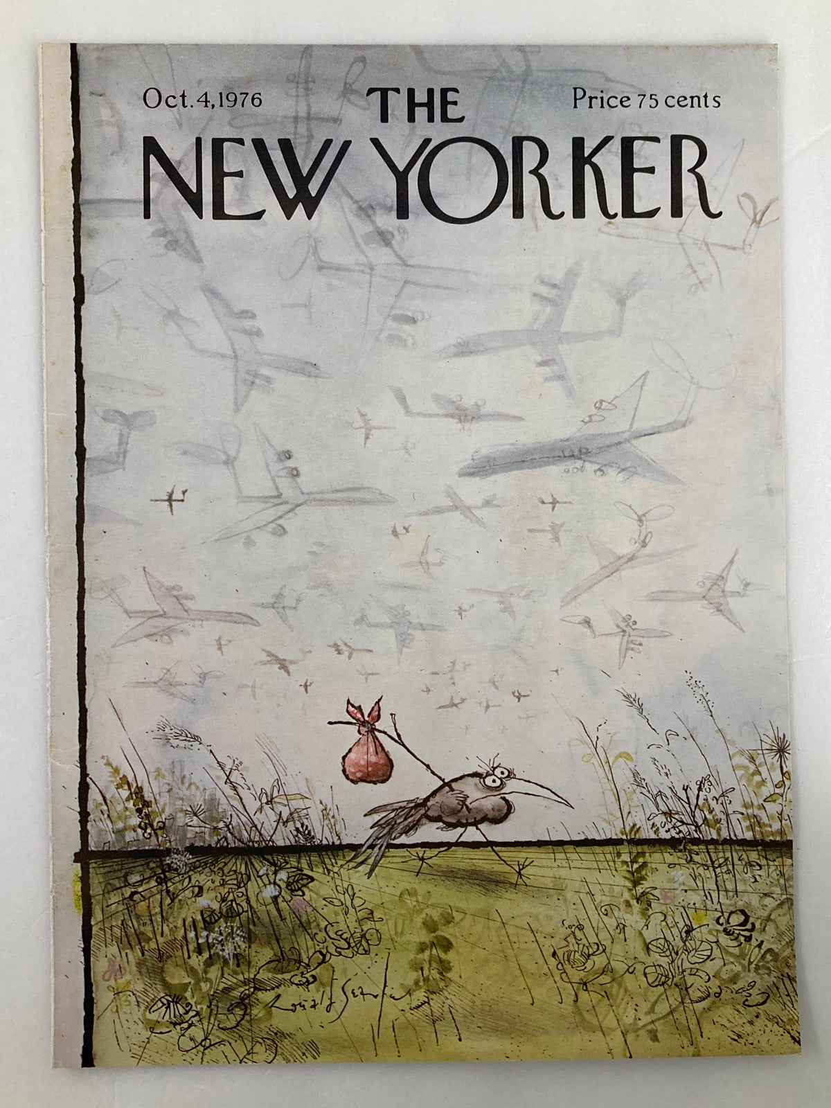 Cover of The New Yorker dated October 4, 1976 titled 'Stow Away' by Ronald Searle, featuring a whimsical illustration of a bird with a bundle along with subtle airplane motifs in the background.
