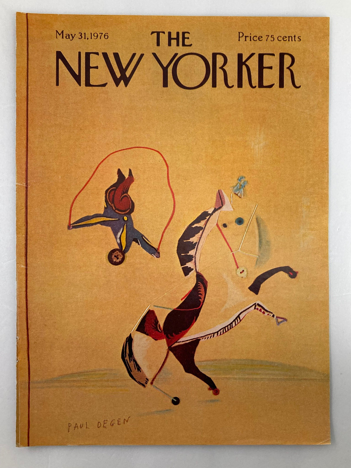 Cover of The New Yorker from May 31, 1976 featuring an artistic depiction of a horse trick by Paul Degen, emphasizing unique vintage aesthetics.