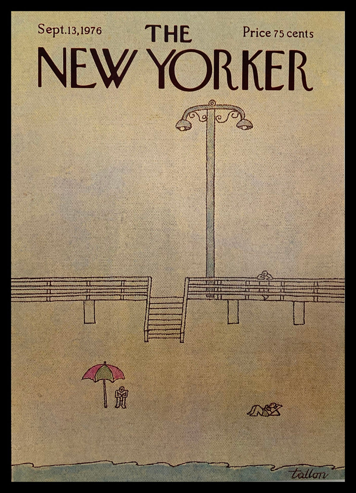 COVER ONLY The New Yorker September 13 1976 Sunbathing by Robert Tallon, featuring a vintage illustration of a beach scene with a parasol, indicating a nostalgic art style.