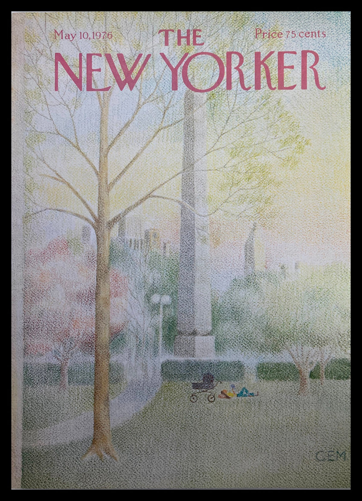 Cover only of The New Yorker May 10, 1976, featuring the artwork 'Chill Afternoon' by Charles Martin, depicting a serene park scene with trees and a monument.