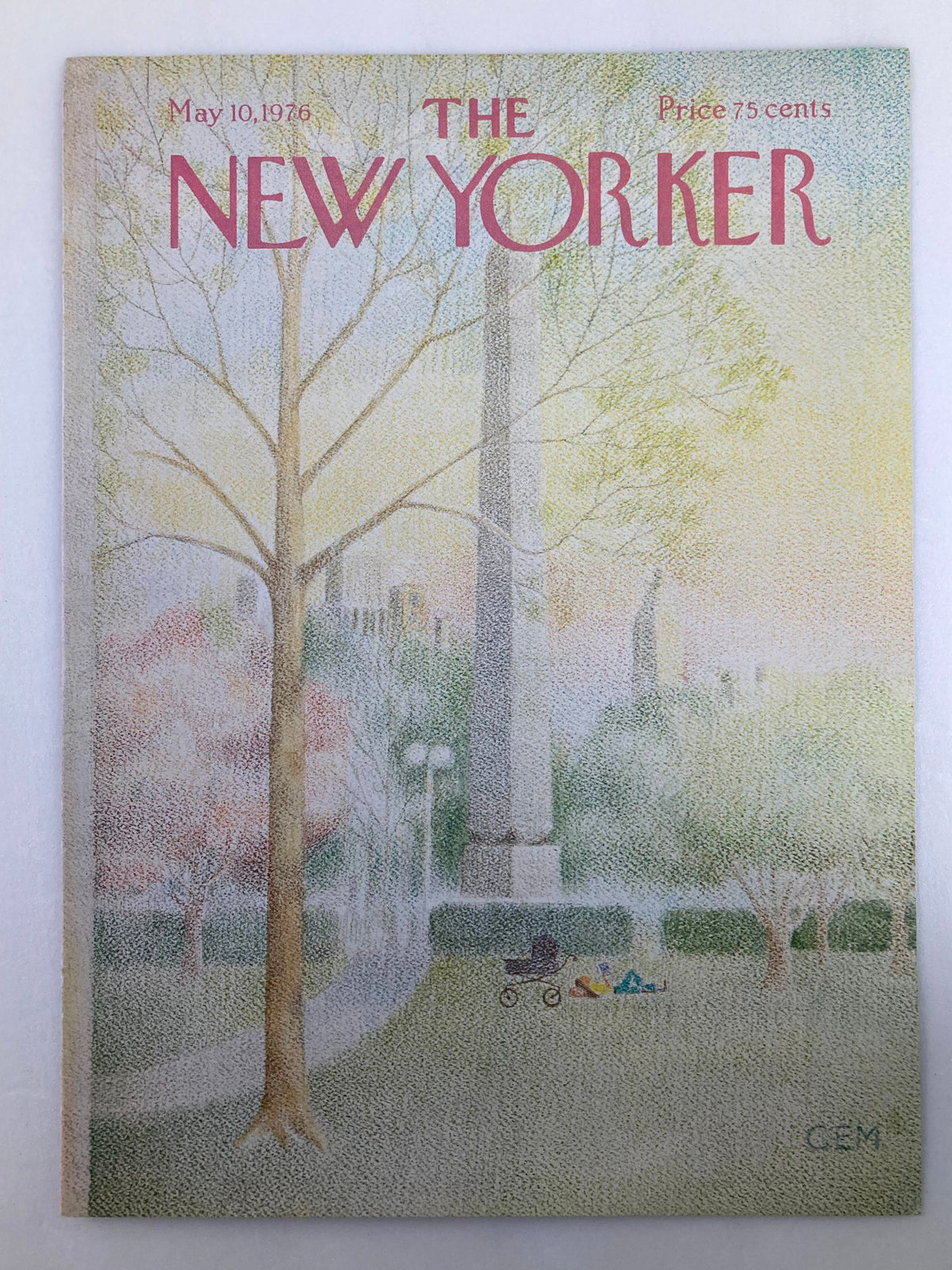 Cover only of The New Yorker May 10, 1976, showcasing the 'Chill Afternoon' design by Charles Martin, illustrating a peaceful moment in a park with a baby carriage.