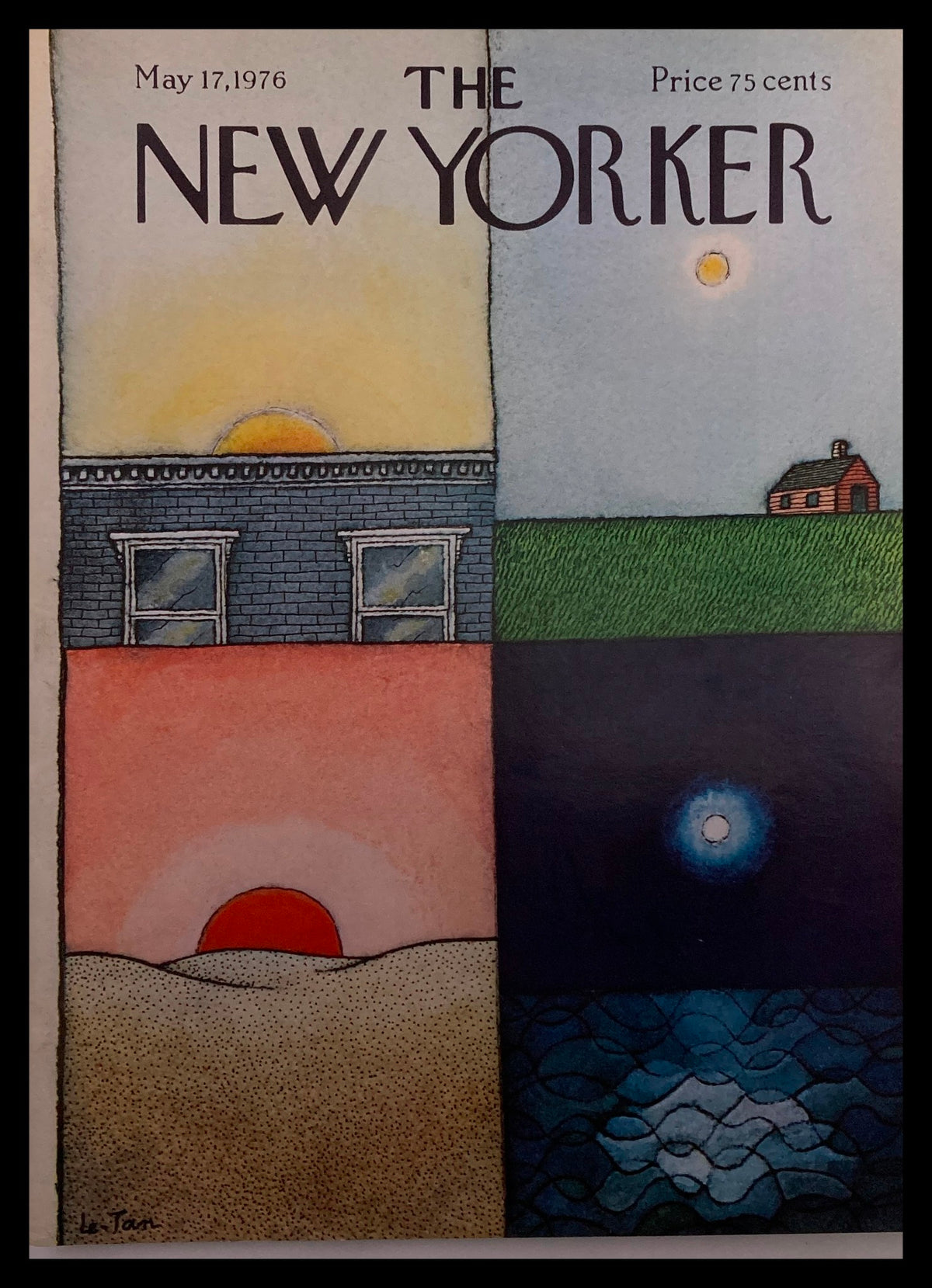 The New Yorker May 17 1976 cover featuring artwork by Le-Tan. The cover displays a colorful four-panel illustration symbolizing morning and evening with a sunset and moon, ideal for vintage art collectors.