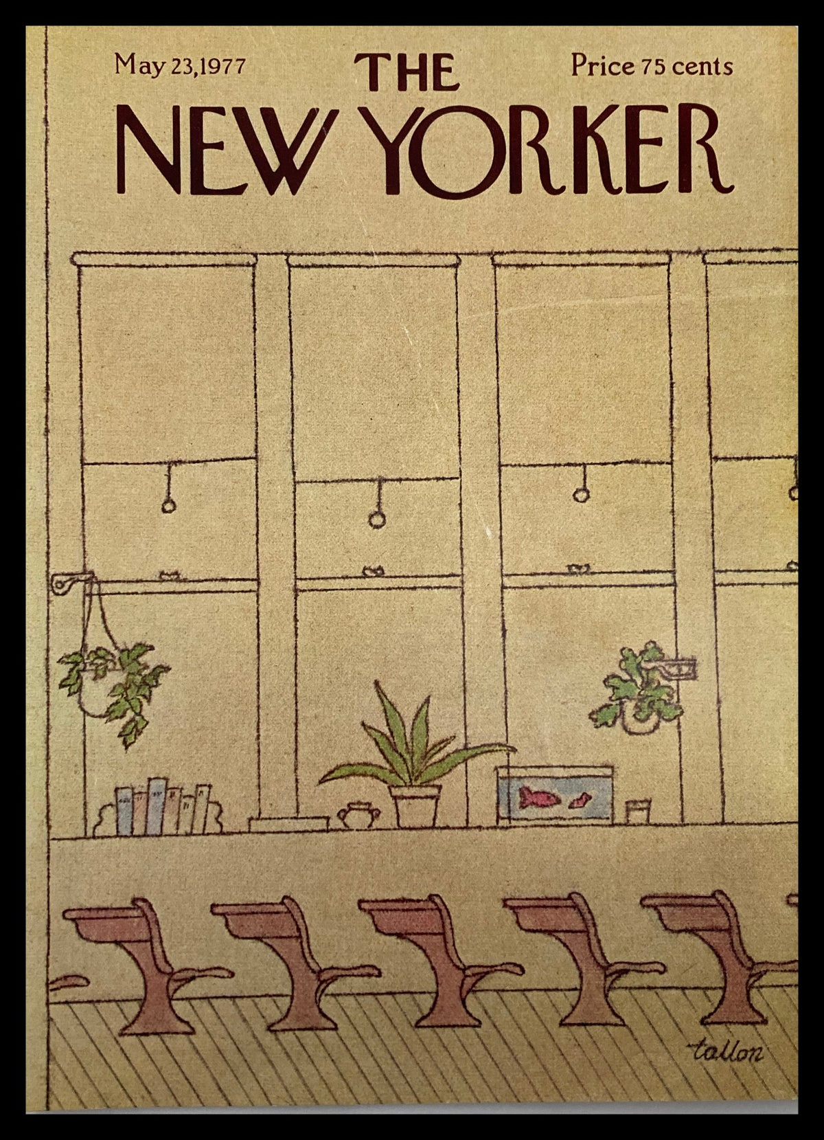 The New Yorker May 23 1977 Empty Desk cover illustration by Robert Tallon, featuring a simple and nostalgic depiction of an empty desk with a plant and books, capturing the essence of the publication's style.