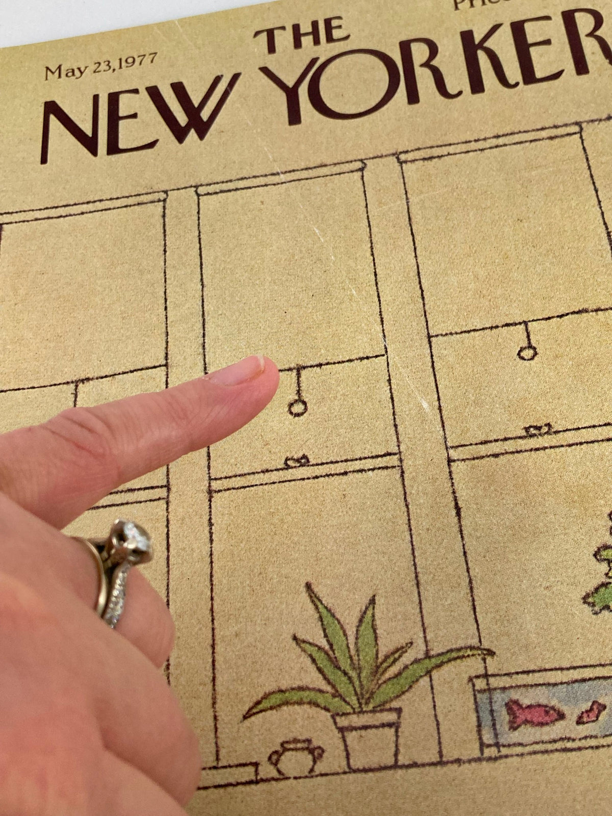 Close-up view of The New Yorker May 23 1977 Empty Desk cover by Robert Tallon, highlighting intricate details such as the plant and hanging lights in the nostalgic workspace setting.