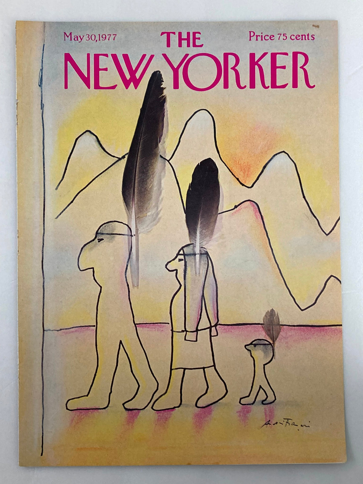 The New Yorker May 30, 1977 cover titled 'Heritage' by Andre Francois, showcasing unique figures and feather motifs with a soft color palette.