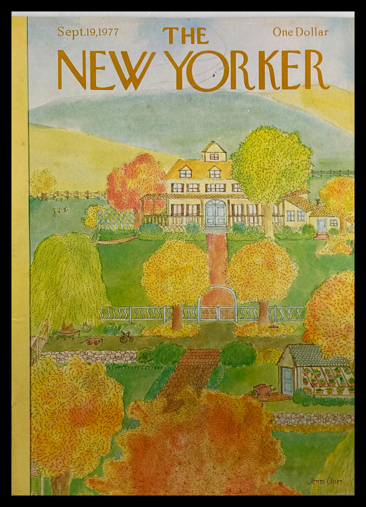 The New Yorker September 19, 1977 Autumn Garden cover illustration by J. Oliver featuring a picturesque autumn scene with colorful trees and a charming house.