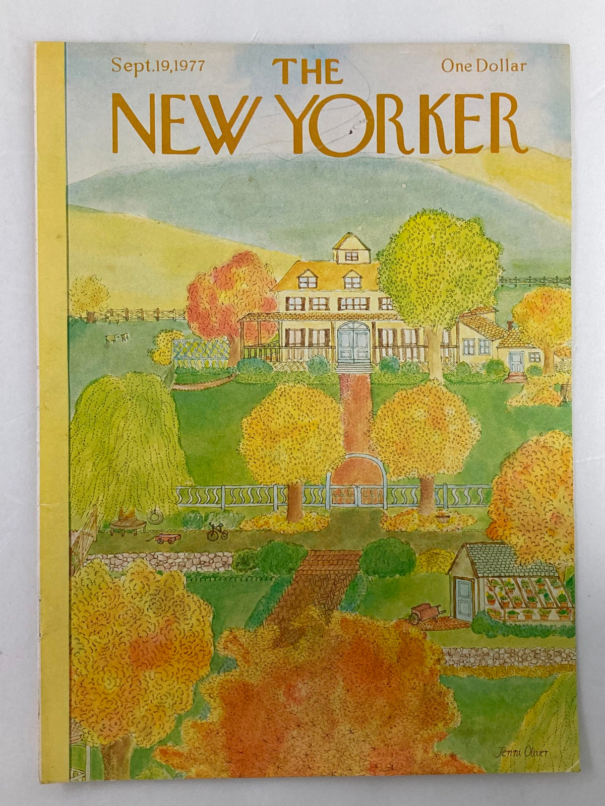 The New Yorker September 19, 1977 Autumn Garden cover showcasing a vibrant autumn garden with a house and landscaping, designed by J. Oliver.