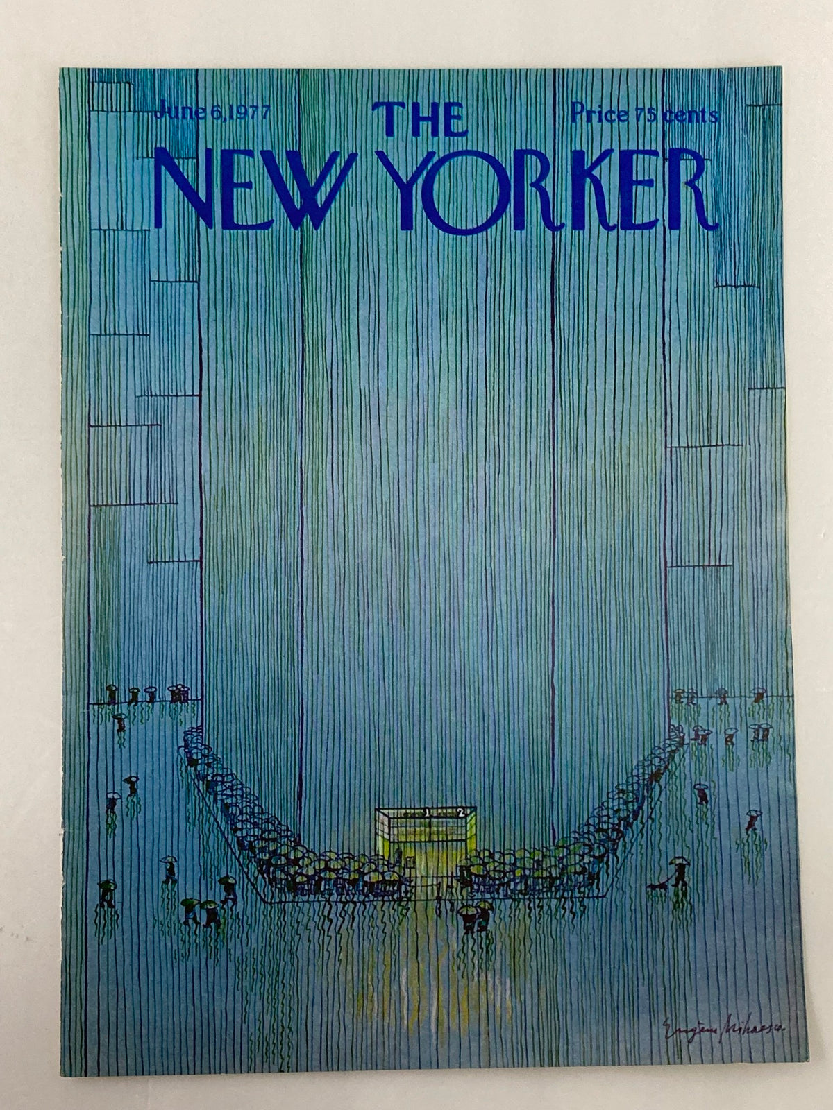 COVER ONLY The New Yorker June 6 1977 Taking Shelter by Eugene Mihaesco, displaying a colorful and detailed cover art with stylized figures surrounded by vertical lines, capturing a nostalgic moment in 1970s magazine illustration.