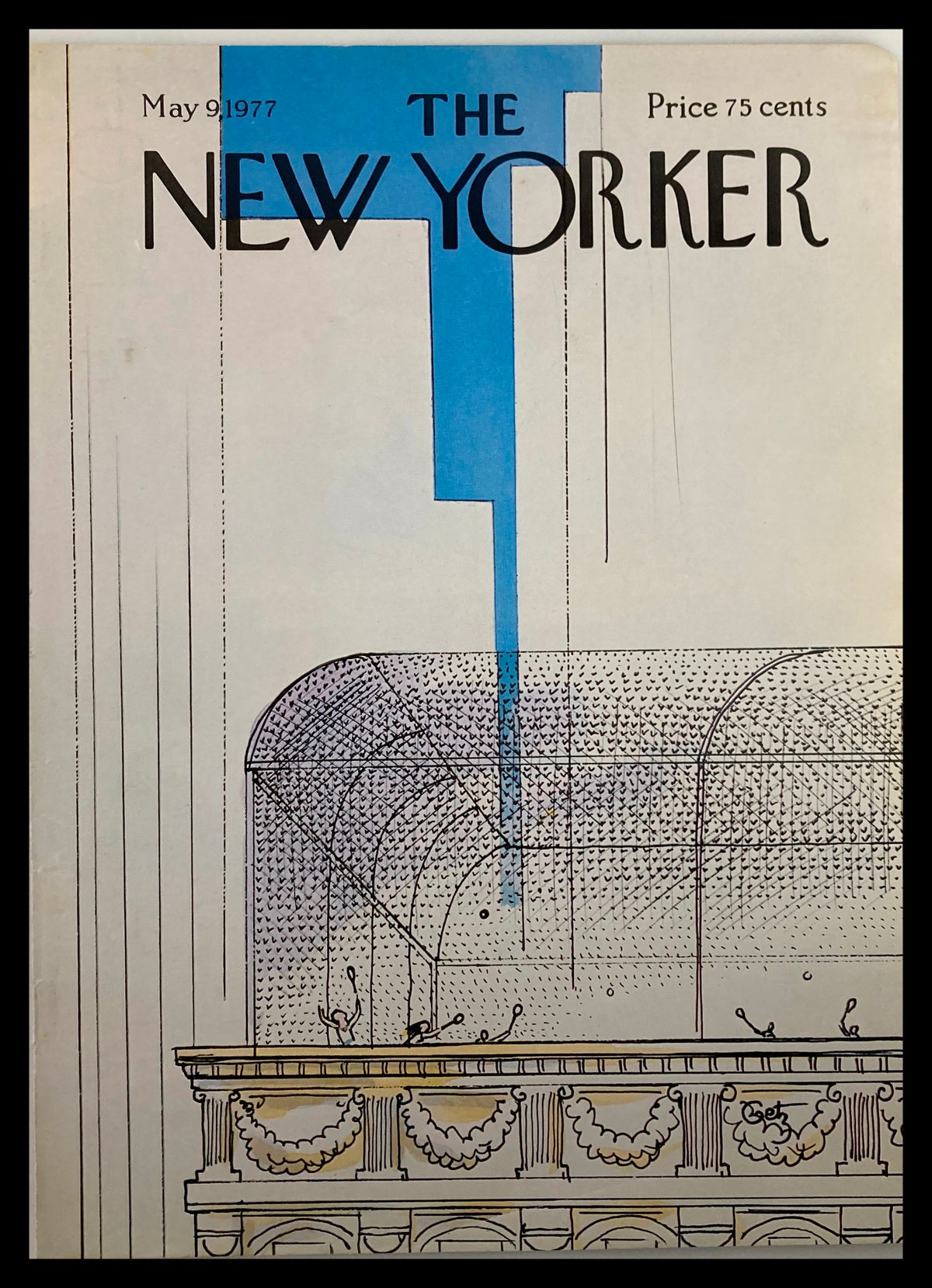 Cover of The New Yorker May 9, 1977, illustrated by Arthur Getz, featuring a rooftop scene with a distinctive blue sky and architectural details.