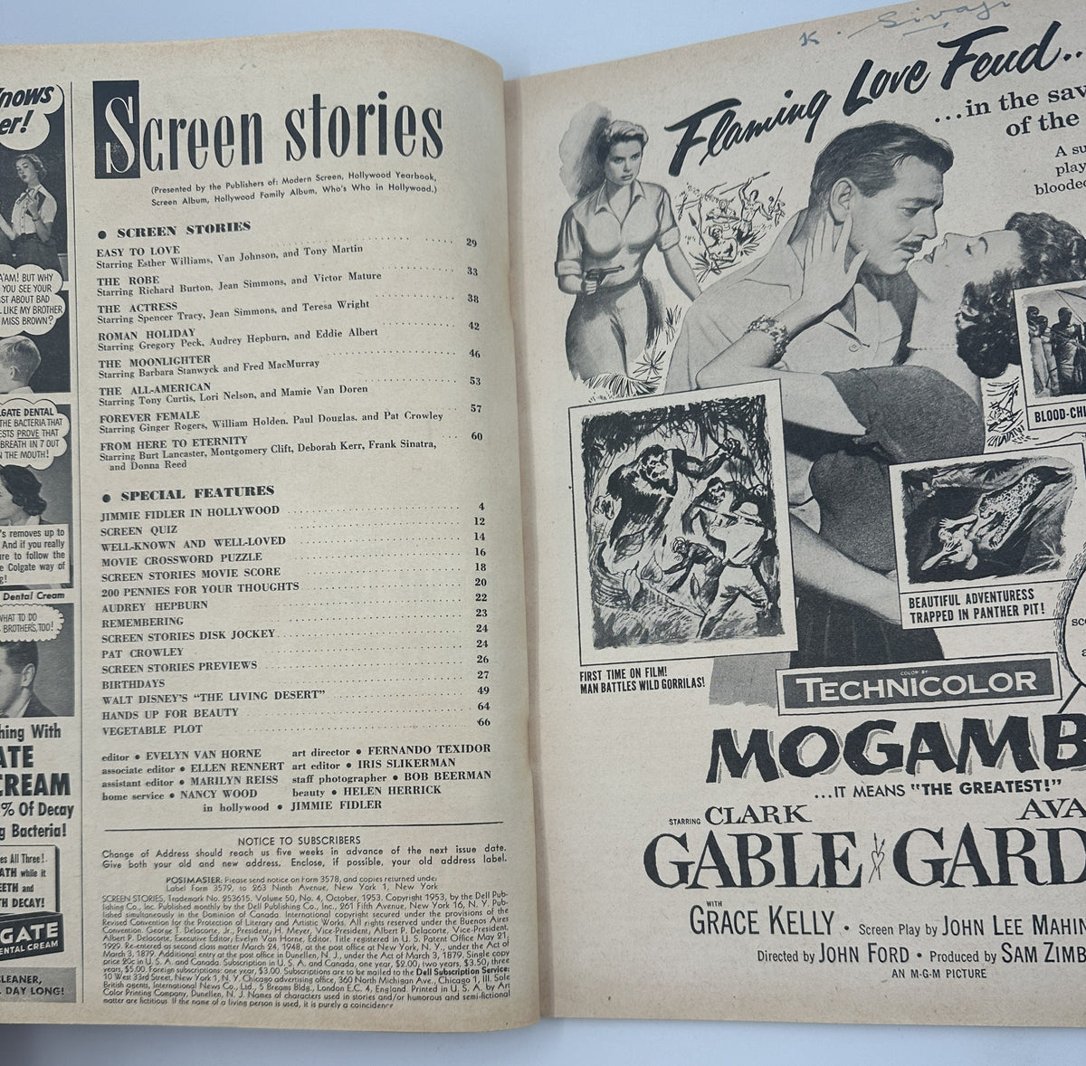Interior page of Screen Stories Magazine featuring the Table of Contents listing the main articles and features, including 'Easy to Love' and 'The Robe'.