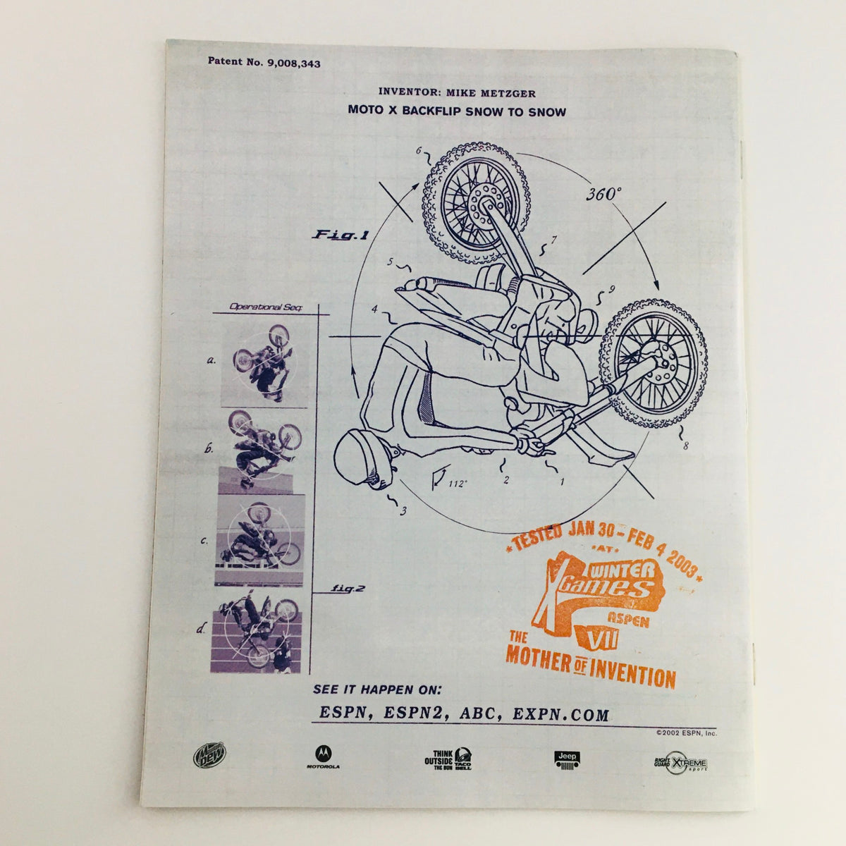 Reverse side of Mad Magazine January 2003 No.425 showcasing a patent drawing for a motocross snow stunt, further emphasizing the magazine's humorous and inventive nature.