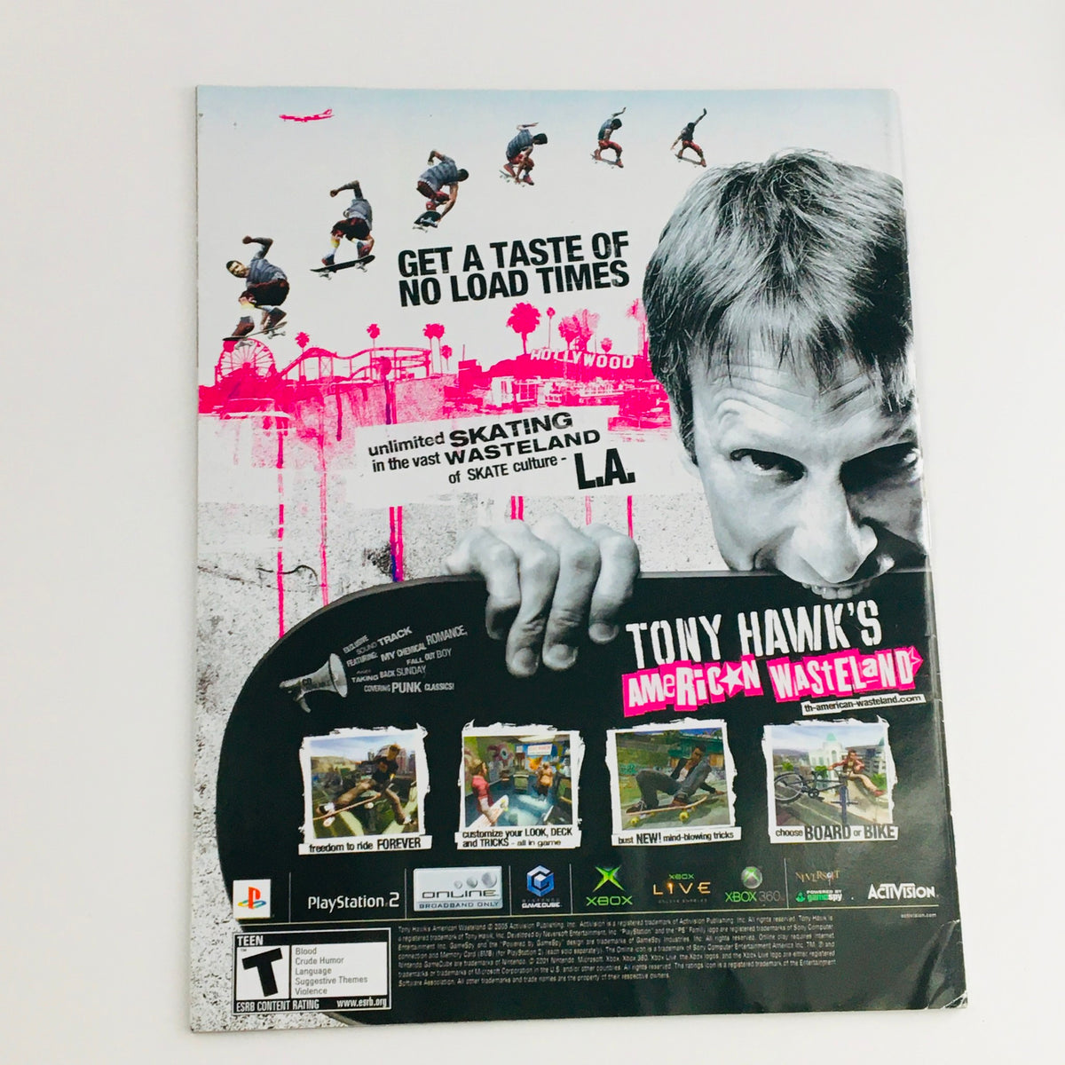 Back cover of Mad Magazine February 2006 No. 462 advertising Tony Hawk's American Wasteland video game with vibrant images of skateboarding action and a focus on PlayStation gaming.