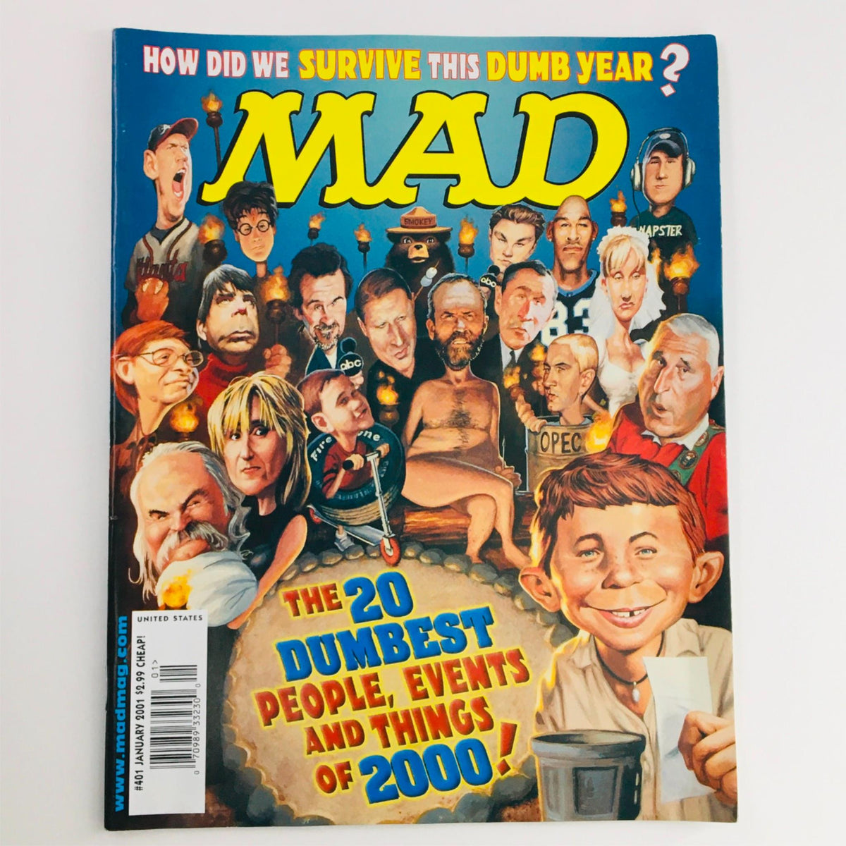 Cover of Mad Magazine January 2001 No. 401 featuring the title 'The 20 Dumbest People of 2000,' showcasing comical caricatures of notable figures and events from the year 2000.