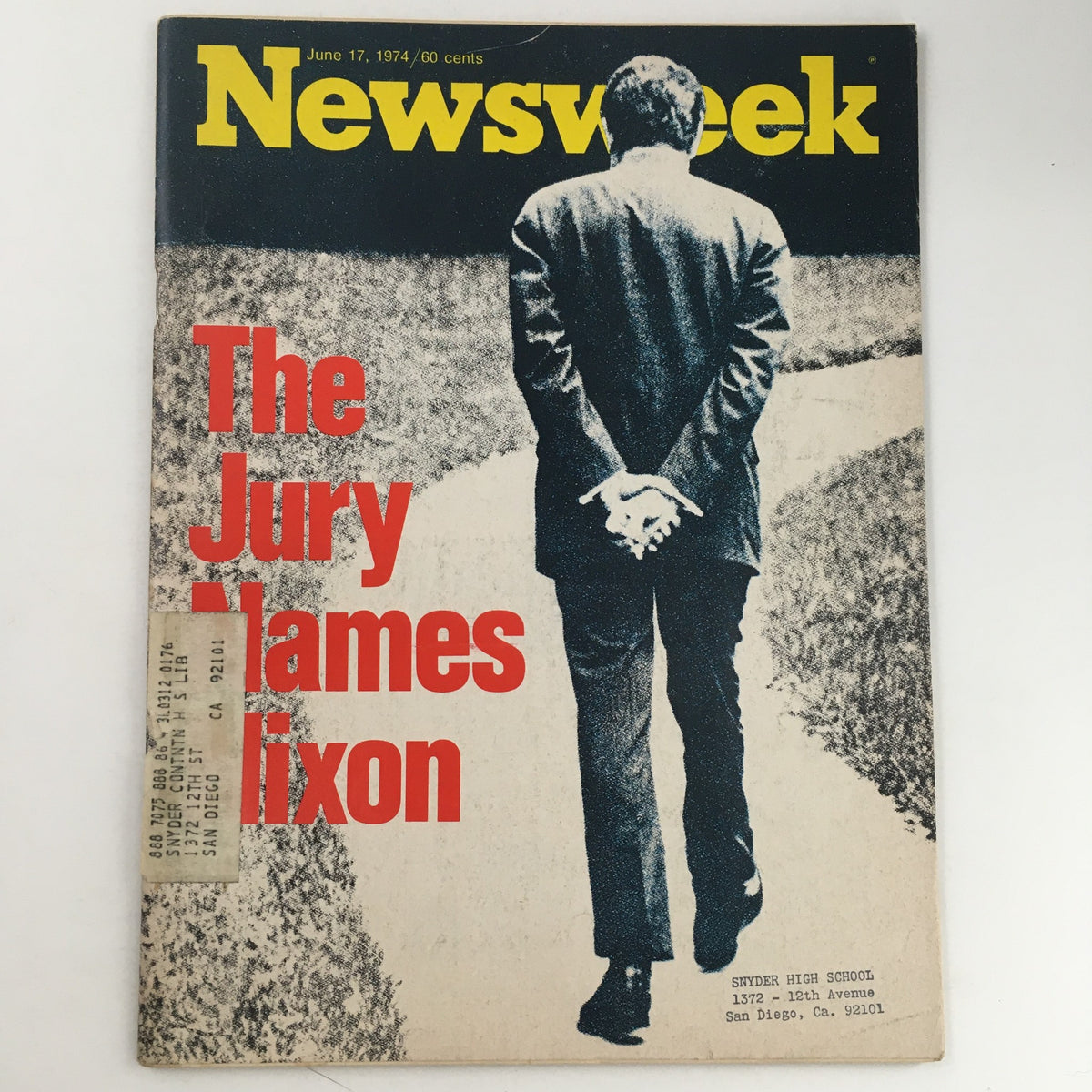 Cover of Newsweek Magazine from June 17, 1974 featuring the title 'The Jury Names Nixon' with a black and white photograph of a man in a suit looking back, capturing a moment from the Watergate scandal.