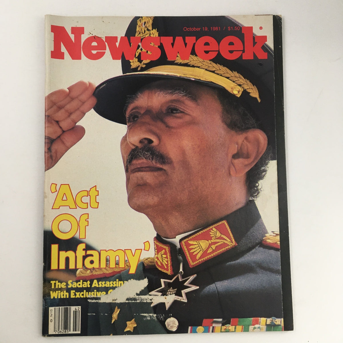 Cover of Newsweek Magazine from October 19, 1981, titled 'Act of Infamy', featuring a soldier saluting in full military uniform, highlighting the assassination of Anwar Sadat. The magazine captures a significant historical moment related to geopolitical tensions in the early 1980s.