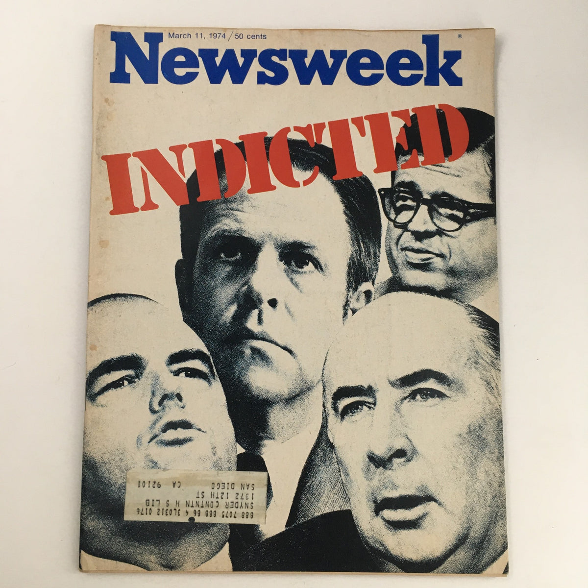 Cover of Newsweek Magazine dated March 11, 1974, featuring the headline 'Indicted' related to the Watergate scandal, showcasing four prominent figures involved.
