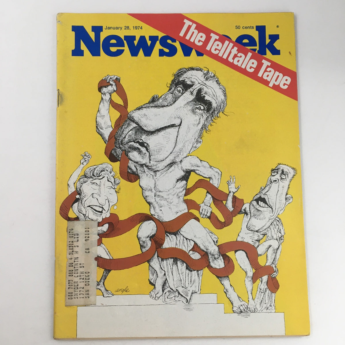 Cover of Newsweek Magazine dated January 28, 1974, featuring the title 'The Telltale Tape' and a political cartoon related to the Watergate scandal.