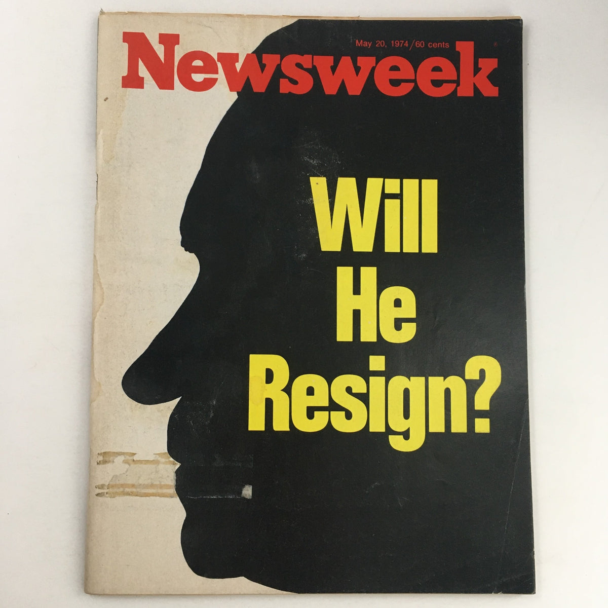 Cover of Newsweek Magazine dated May 20, 1974, featuring a silhouette and the bold question 'Will He Resign?' highlighting Richard Nixon's political crisis during the Watergate scandal.