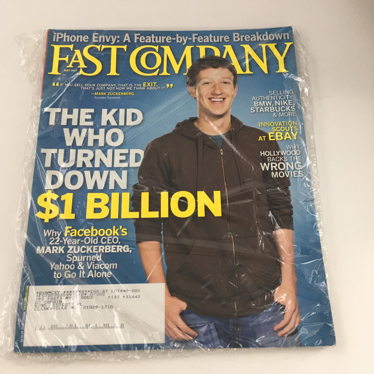 Fast Company Magazine May 2007 featuring Mark Zuckerberg on the cover, showcasing the young billionaire and Facebook CEO with a headline about his company earning a billion dollars.