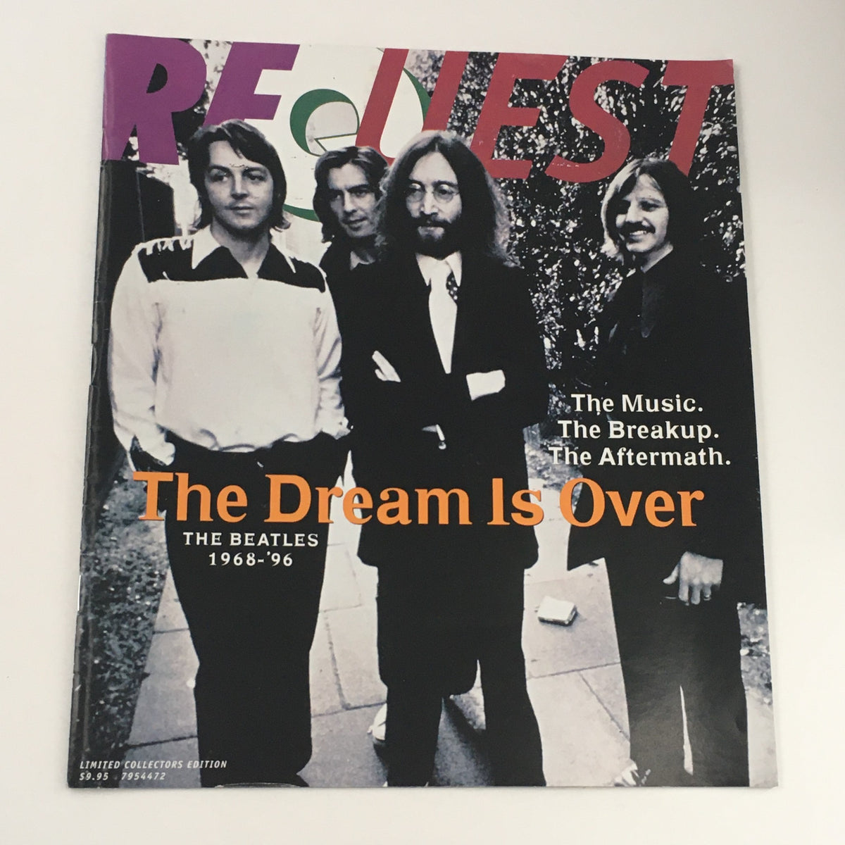 Request Magazine 1996 cover featuring 'The Dream Is Over, The Beatles 1968-1996', showcasing a group photo of The Beatles members, highlighting the band's music, breakup, and legacy.