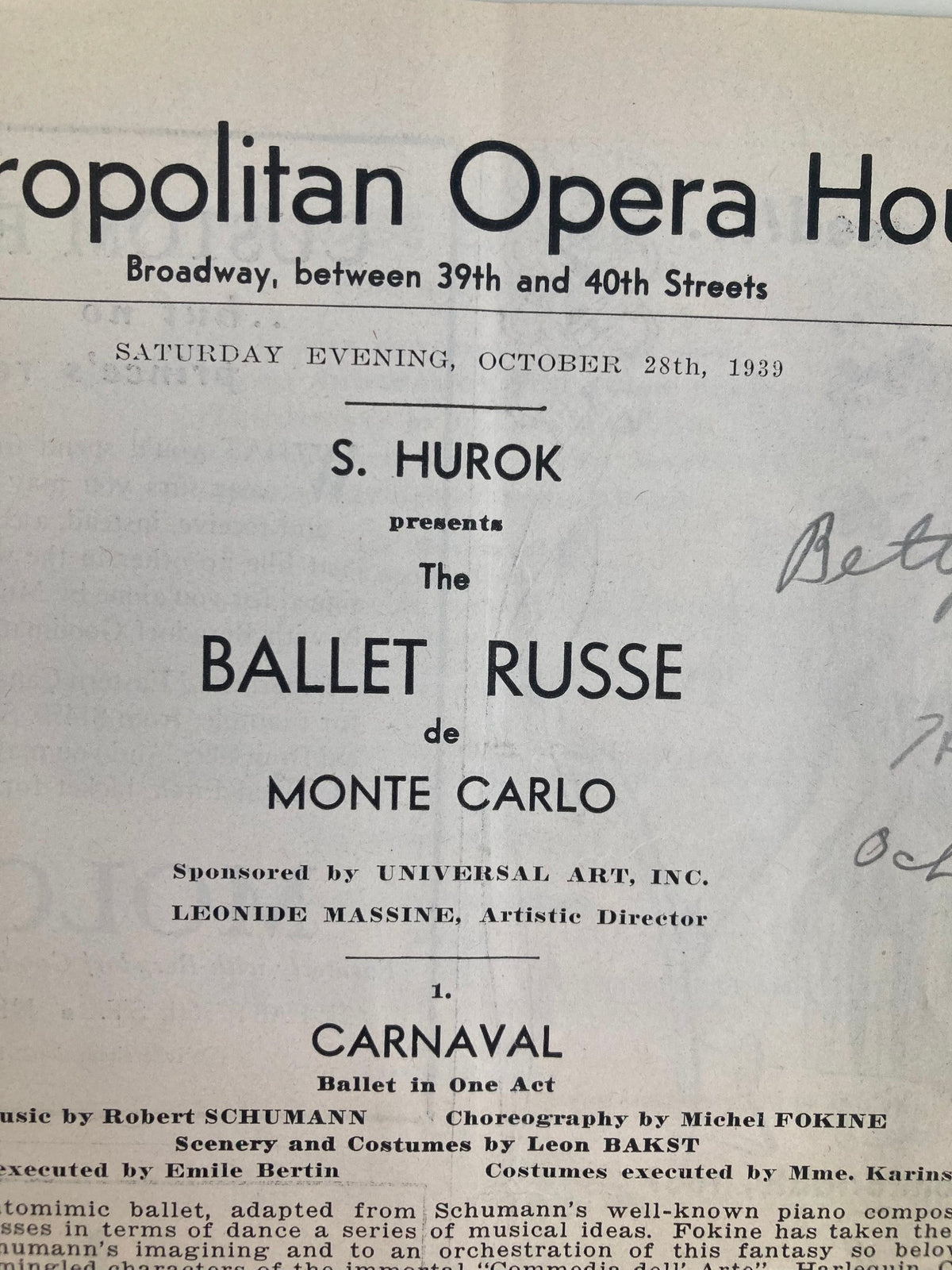 1939 Metropolitan Opera House Playbill featuring S. Hurok and The Ballet Russe de Monte Carlo, showcasing event details including music by Robert Schumann and choreography by Michel Fokine.