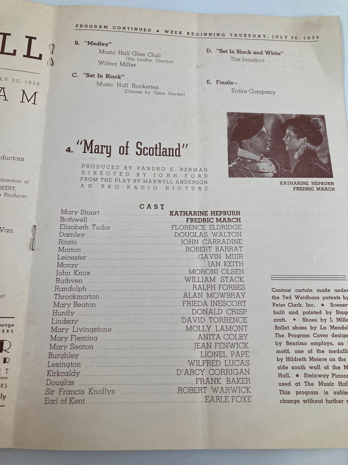 Inside page of the 1936 Radio City Music Hall Weekly program listing, featuring performances like 'Medley', 'Set in Black', and 'Mary of Scotland' starring Katharine Hepburn and Fredric March.