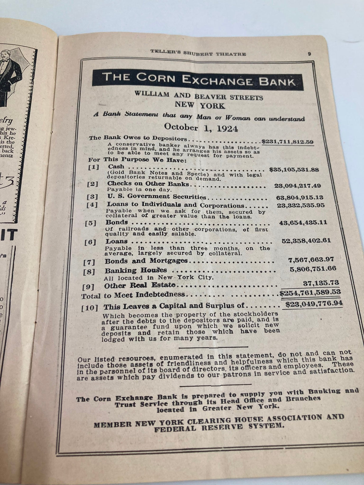 Inside page of the 1924 Teller's Shubert Theatre Playbill showing The Corn Exchange Bank statement on October 1, 1924.