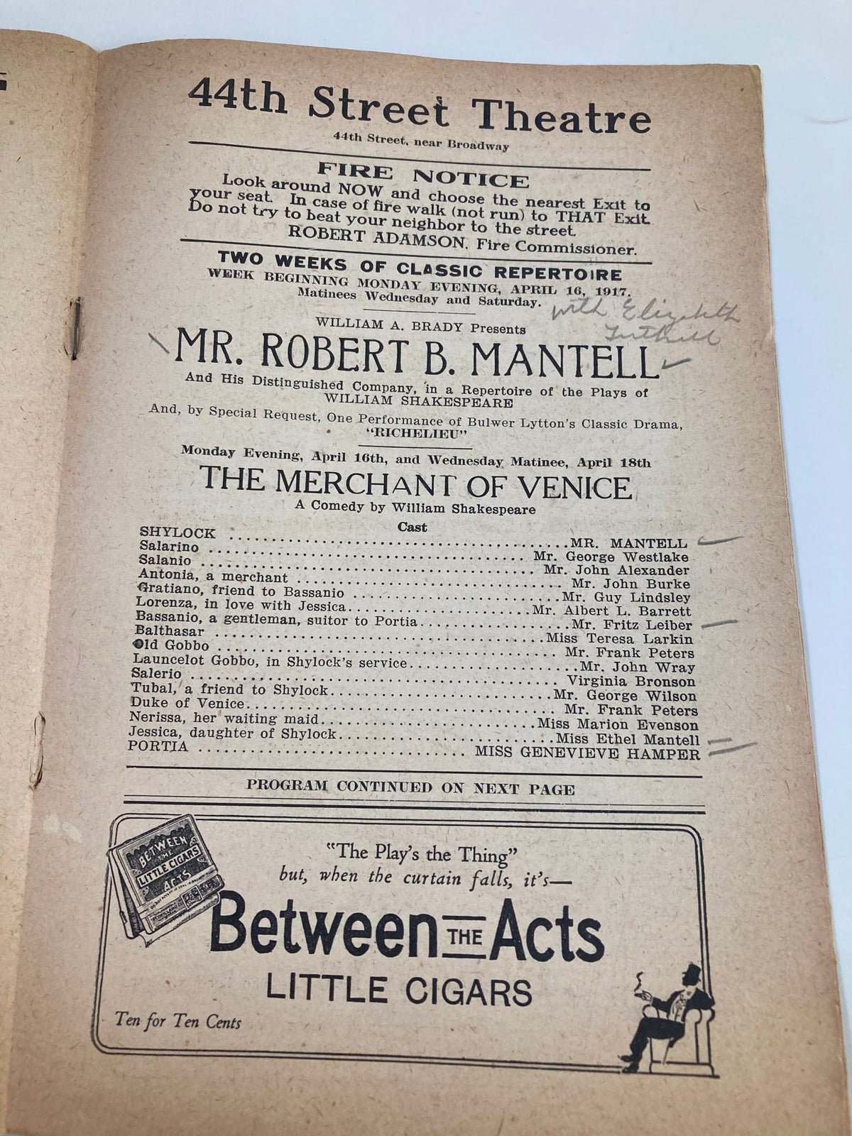 Inside page of the 1917 44th Street Theatre playbill showcasing Mr. Robert B. Mantell and the performance of 'The Merchant of Venice'.