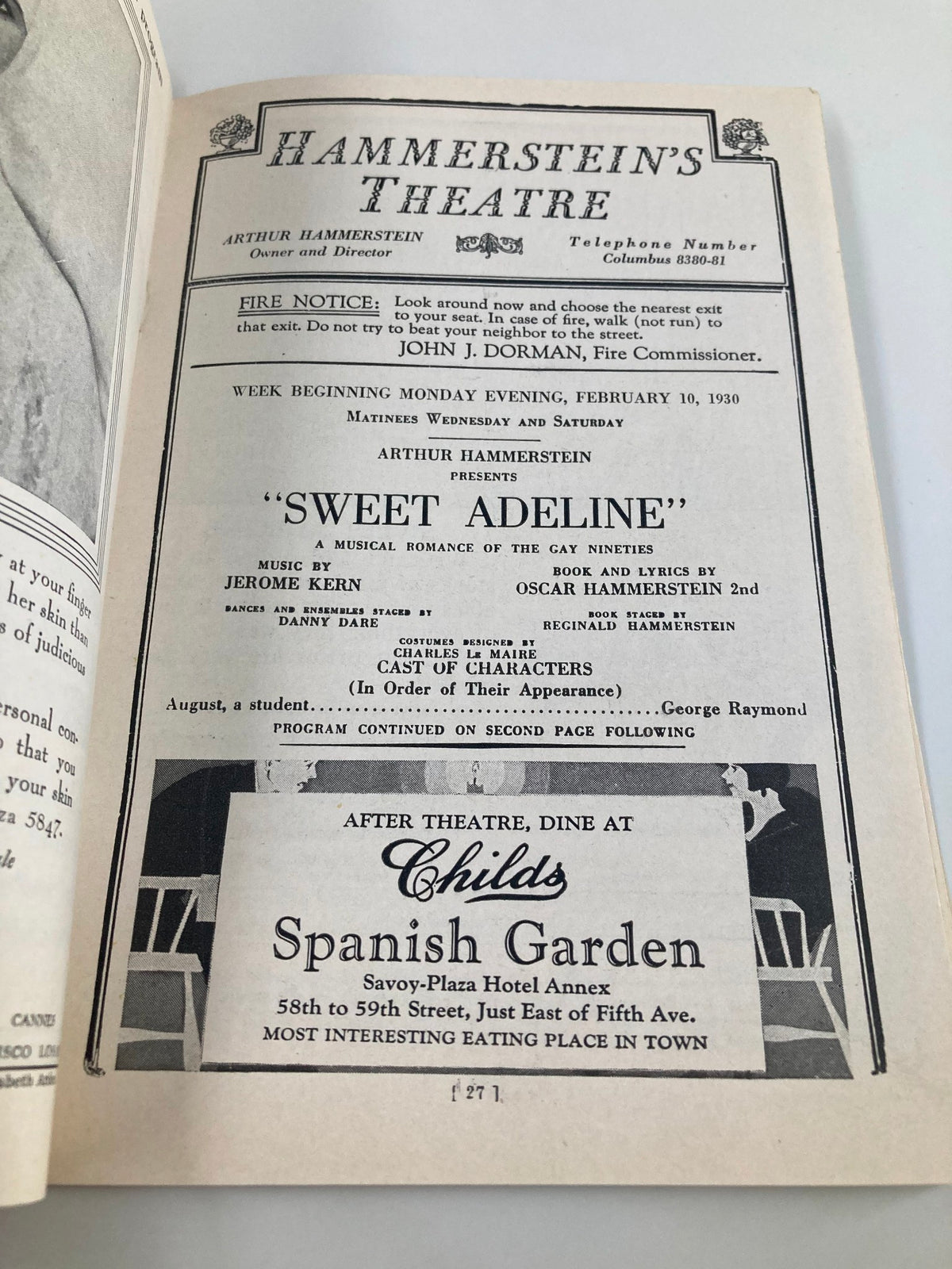 Inside page of the 1930 Hammerstein's Theatre Playbill for "Sweet Adeline" showcasing details about the performance and cast information.